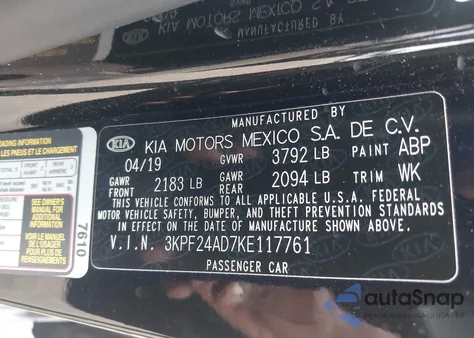 2019 Kia Forte Lxs from USA, damaged, VIN 3KPF24AD7KE117761